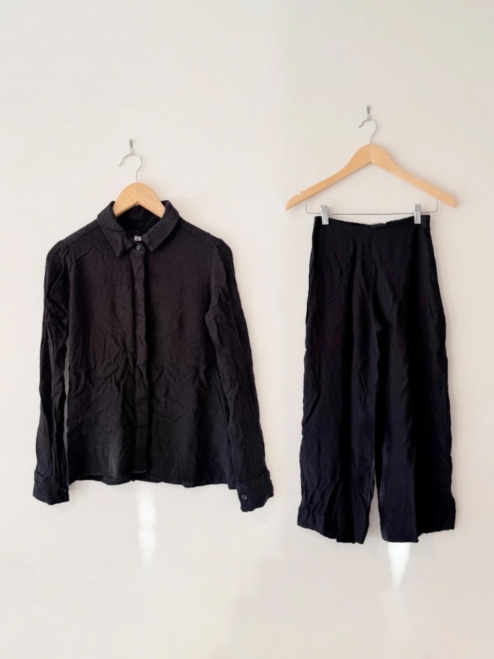 reformation black silky button up shirt capris pant matching set
